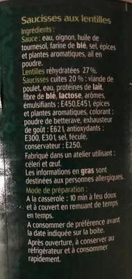 Lista de ingredientes del producto Saucisses au lentilles Dounia Halal 1