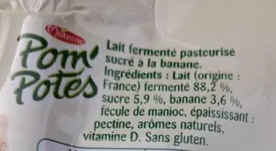 Lista de ingredientes del producto Pom' Potes brassés aux fruits mixés banane Materne, pom'potes, pom'potes brassés 85 g