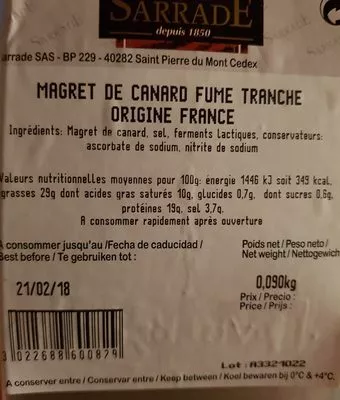 Lista de ingredientes del producto Magret De Canard Fumé En Tranches Sarrade 