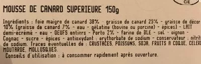 Lista de ingredientes del producto Mousse de canard superieure Michel Bolard 