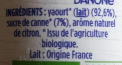 Lista de ingredientes del producto Yaourt arôme naturel de citron Danone 