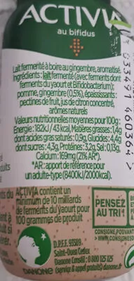 Lista de ingredientes del producto Shot probiotiques gingembre Activia 80 g