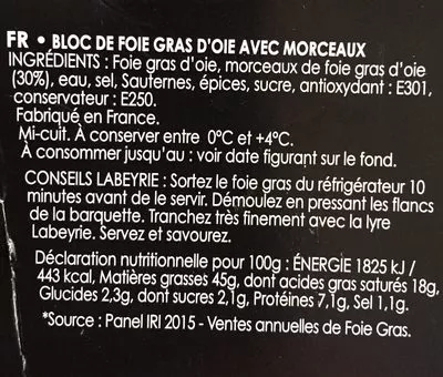 Lista de ingredientes del producto Bloc de foie gras d'oie Labeyrie 