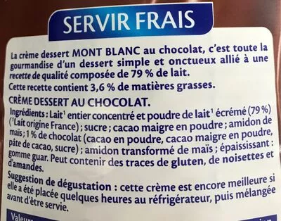 Lista de ingredientes del producto Crème Dessert Au Chocolat  