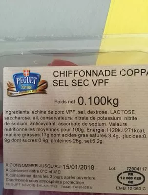 Lista de ingredientes del producto Chiffonnade coppa de Savoie Pequet, Peguet 100 g