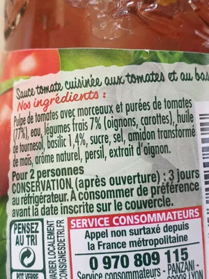 Lista de ingredientes del producto Sauce Tomates & Basilic aux Tomates fraîches Panzani 210 g