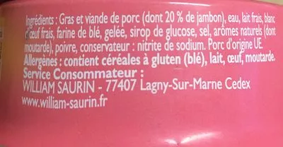 Lista de ingredientes del producto Pâté de jambon William Saurin 76,5 g e