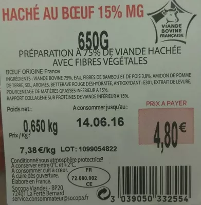 Lista de ingredientes del producto Haché au Boeuf 15% MG Sans Marque, Petit Prix, Socopa 650 g