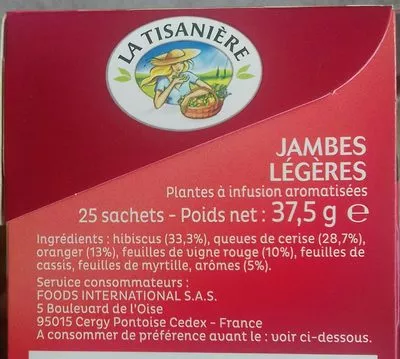 Lista de ingredientes del producto Thé  jambes légères La Tisanière 37,5 g