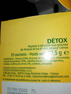 Lista de ingredientes del producto La tisanière detox La tisaniere 25 sachets, 37,5g