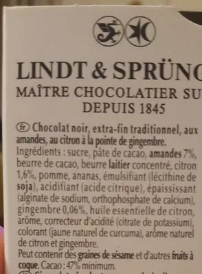 Lista de ingredientes del producto Citron Gingembre Lindt 100 g