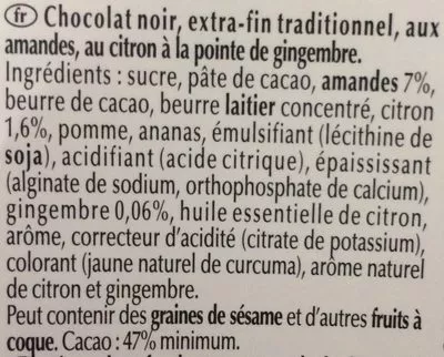 Lista de ingredientes del producto Excellence citron pointe de gingembre Lindt 100 g