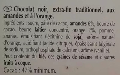 Lista de ingredientes del producto Excellence Orange Intense Noir aux amandes effilées Lindt 100 g