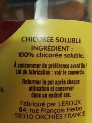 Lista de ingredientes del producto Chicoree soluble nature 100g Leroux 100 g