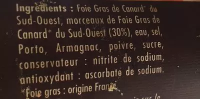 Lista de ingredientes del producto Bloc de foie gras de canard Terres Paysannes 