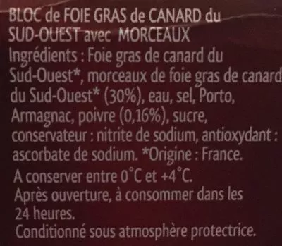 Lista de ingredientes del producto Bloc de foie gras de Canard Delpeyrat 300 g