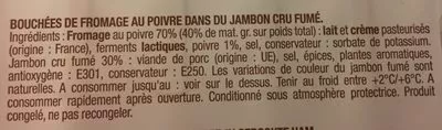 Lista de ingredientes del producto Boursin Apéro Au Lait Pasteurisé "Les Roulés" Jambon Fumé Ail Et Poivre, 41%MG, Boursin, Bel 100 g