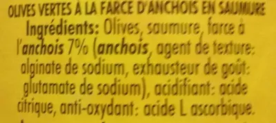 Lista de ingredientes del producto Olives Vertes à la farce d'anchois Crespo 198g