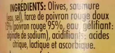 Lista de ingredientes del producto Olives vertes à la farce de poivron doux creSpo 198 g (égoutté : 120 g)