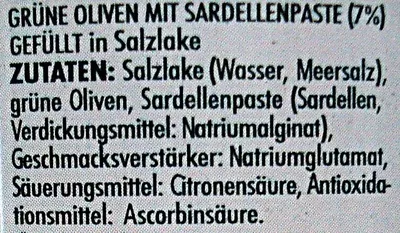 Lista de ingredientes del producto Grüne Oliven mit Sardellenpaste Crespo 200 g, Abtropfgewicht 85 g