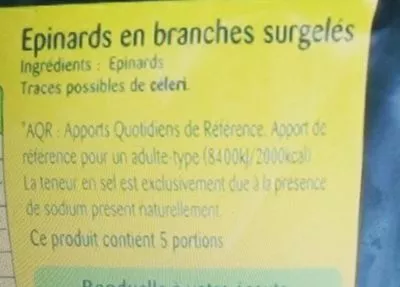 Lista de ingredientes del producto L'Epinard Feuilles Préservées Bonduelle 750 g