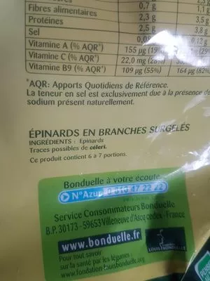 Lista de ingredientes del producto Epinards "Feuilles Préservées" Bonduelle Bonduelle 