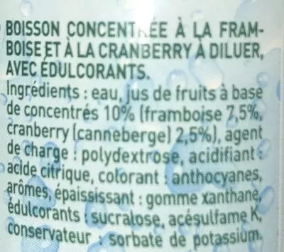 Lista de ingredientes del producto Framboise Cranberry 0 % de sucre Teisseire Zéro, Teisseire 60 cl