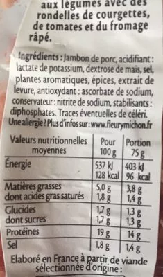 Lista de ingredientes del producto Râpé de jambon fumé - 2x75g. Fleury Michon 150g