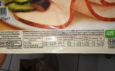 Lista de ingredientes del producto Filet de poulet braisé - 4 tranches épaisses Fleury Michon 120 g