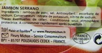 Lista de ingredientes del producto Emincés de jambon cru sans conservateur - 120g Fleury Michon 120 g