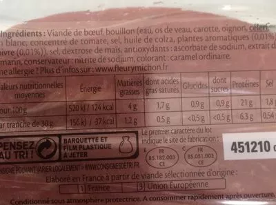 Lista de ingredientes del producto Roti de bœuf cuit doré au four Fleury Michon 