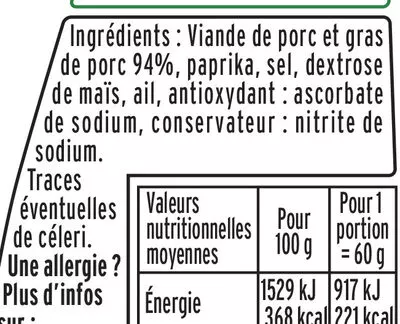 Lista de ingredientes del producto Dés de chorizo - 120g Fleury Michon 120 g