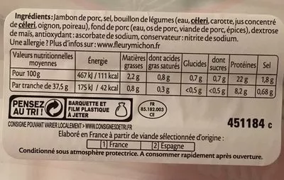 Lista de ingredientes del producto 4 tranches jambon fumé Fleury Michon 