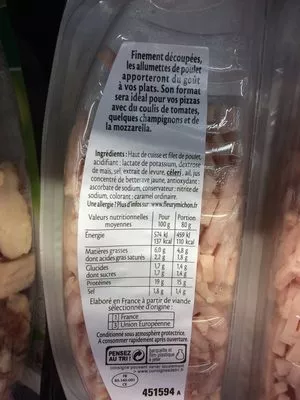 Lista de ingredientes del producto Allumettes de poulet Fleury Michon 