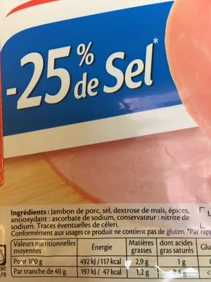 Lista de ingredientes del producto Le Jambon de Paris -25% de Sel Fleury Michon 