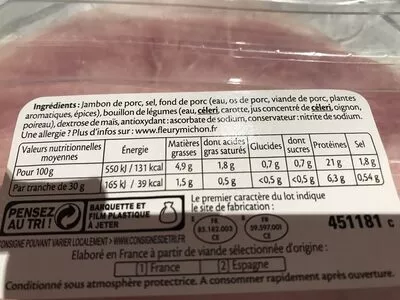 Lista de ingredientes del producto Le tranchée fin Fleury Michon 180g