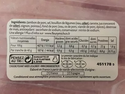 Lista de ingredientes del producto Le supérieur cuit à l’étouffée Fleury Michon 320 g (240g+80g gratuit)