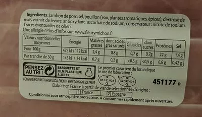 Lista de ingredientes del producto Le tranché fin -25% de sel Fleury Michon 240 g (180g+60g gratuit)