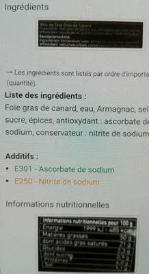 Lista de ingredientes del producto Bloc de foie gras de Canard Diamant Noir 