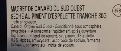 Lista de ingredientes del producto Magret de canard séché au piment d'Espelette Maison Montfort 80g