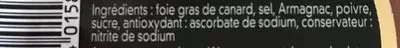 Lista de ingredientes del producto Foie gras de Canard Entier Diamant Noir 180 g