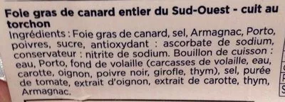 Lista de ingredientes del producto Foie gras de canard entier du sud ouest Monfort 