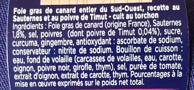 Lista de ingredientes del producto Foie gras de canard entier du Sud-Ouest Montfort 