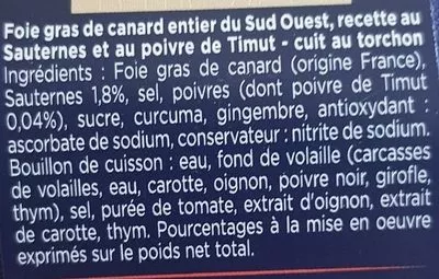 Lista de ingredientes del producto Foie gras de canard entier du Sud-Ouest Maison Montfort 210 g