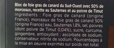 Lista de ingredientes del producto Bloc de fois gras grande selection Montfort 