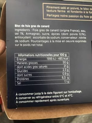 Lista de ingredientes del producto Bloc de foie de canard Maison Montfort 560g