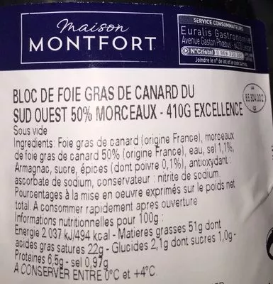 Lista de ingredientes del producto Bloc de foie gras Maison Montfort 410 g