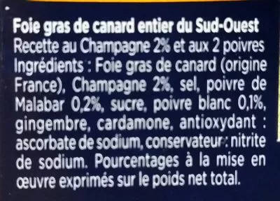 Lista de ingredientes del producto Foie gras de canard entier du sud-ouest Montfort 