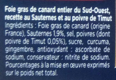 Lista de ingredientes del producto Foie gras de canard entier du Sud-Ouest Maison Montfort 