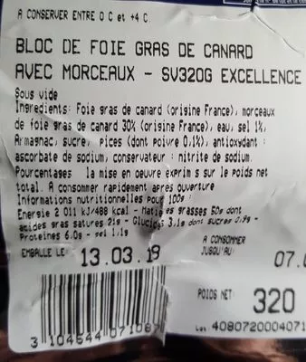 Lista de ingredientes del producto Bloc foie gras canard avec morceaux Maison Montfort 320g